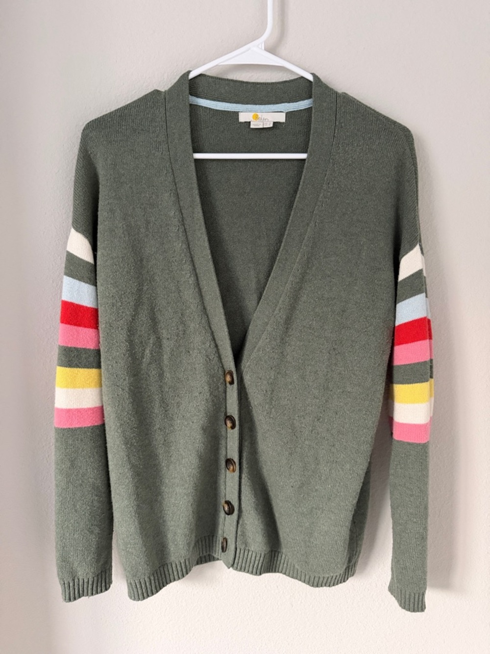 Boden Olive Green V-Neck Cardigan with Multicolor Striped Sleeves